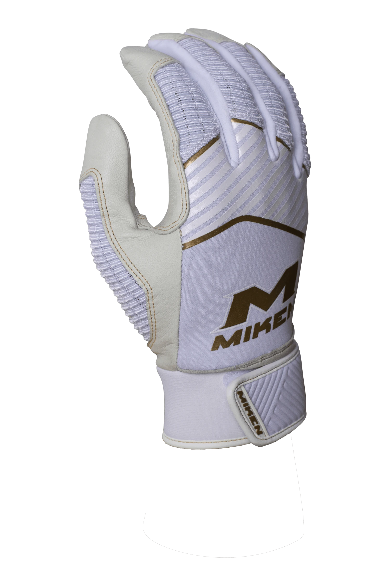 Miken Softball MK7X Adult White And Gold Batting Gloves: MBGGLD-WHT 2 Miken Softball MK7X Adult White And Gold Batting Gloves: MBGGLD-WHT